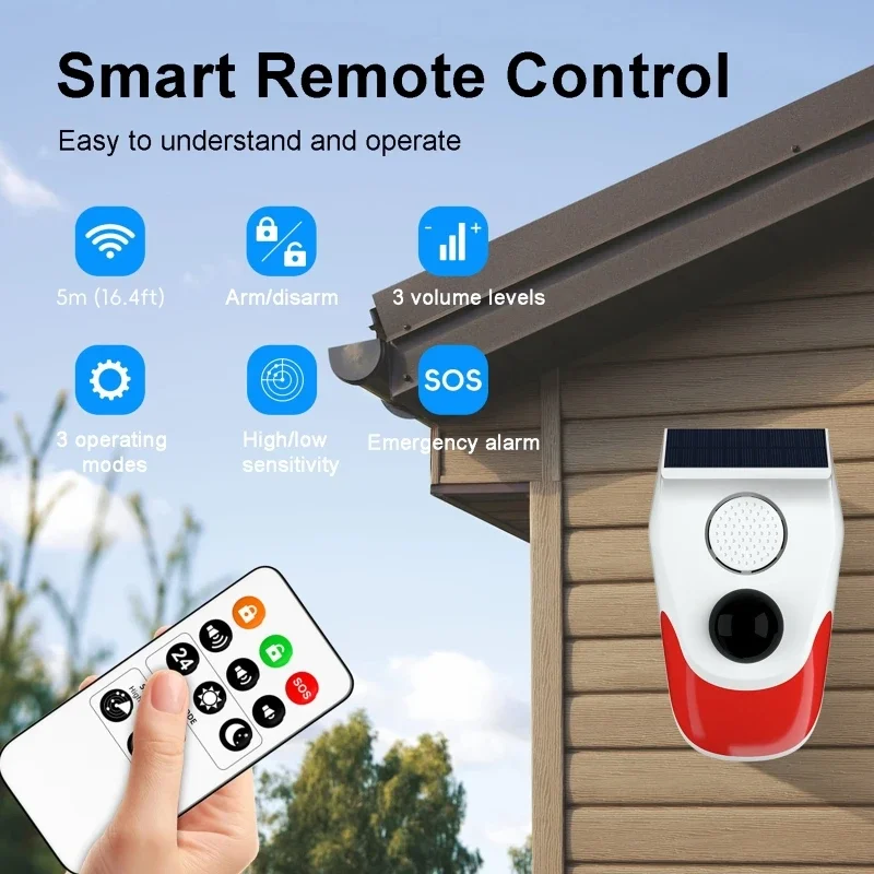 Solar Sound Light Alarm Wireless PIR Motion Sensor, Outdoor Battery 120dB Siren Sound Alert Flash Strobe Security Alarm System