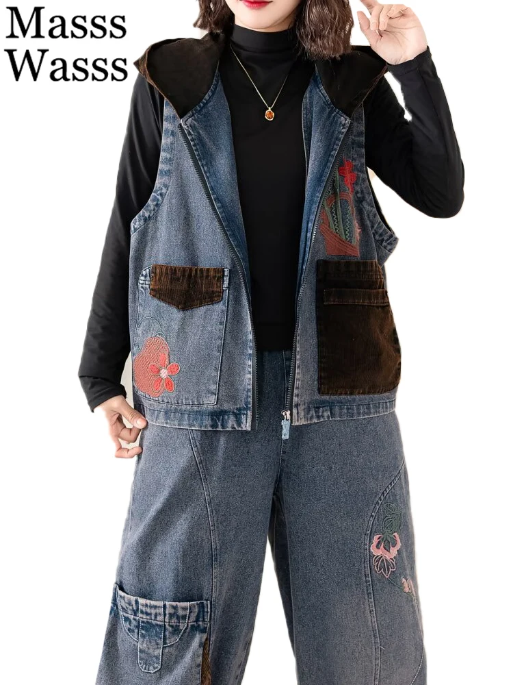 Masss Wasss 2025 Spring Womens Denim Two Pieces Sets Fashion Jacket Suits Loose Coats Vintage Jeans Casual Pants Floral Outfits