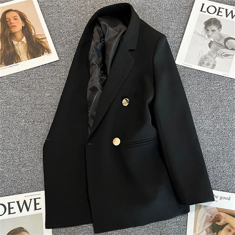Chique blazer mulher outono primavera manga longa duplo briefsed lapela solto casaco fino jaquetas casuais senhoras do escritório vintage blazers
