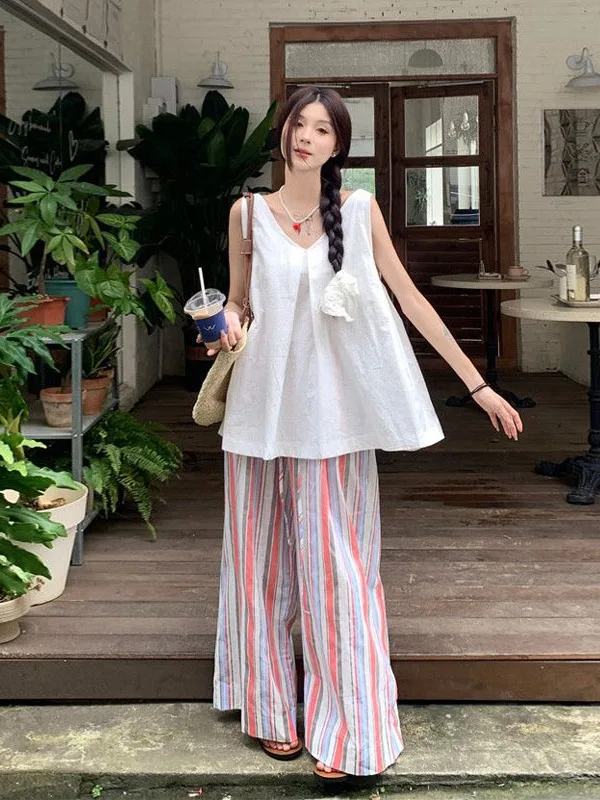 

Casual Summer Travel Leisure Set Women's Sleeveless Striped Wide Leg Pants Two Piece Suit V Neck Long Pants Fashion Ensemble