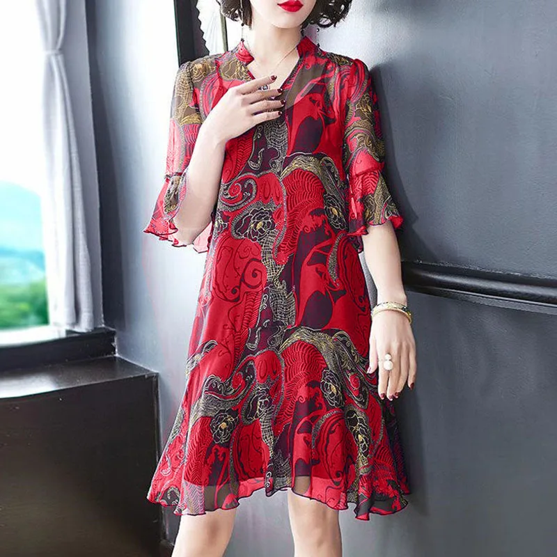 V-Neck Flare Sleeve Ladies Printing Dress 2023 Summer Women\'s Clothing New Casual Commute Fashion Chiffon Loose Waist Dresses