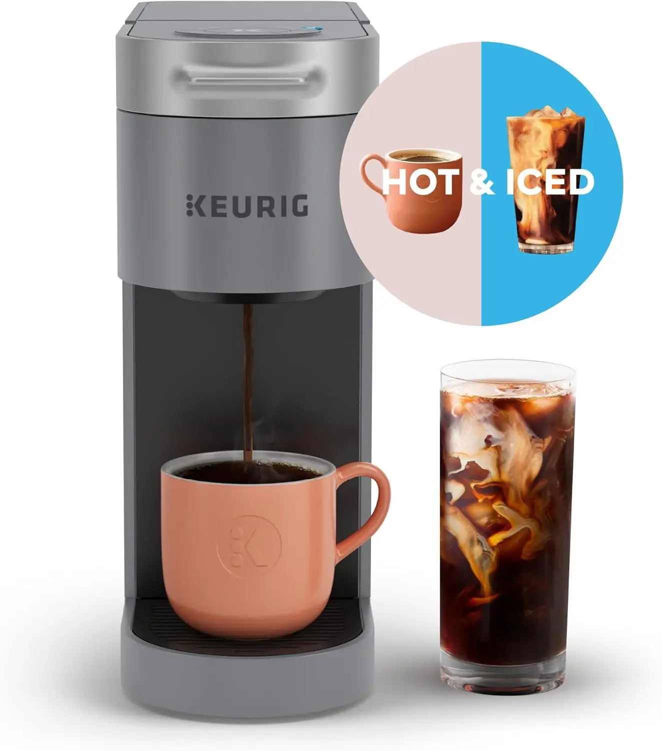 Cafetera K-Slim + ICED de una sola porción, capacidades de café frío y caliente, preparar tazas de 8 a 12 oz, depósito extraíble de 46 oz, gris