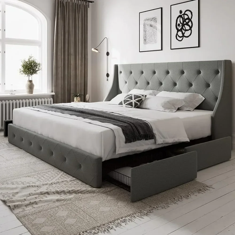 Button-tufted Design Queen Bed Frame With 4 Storage Drawers and Wingback Headboard No Box Spring Required Bedroom Furniture Base