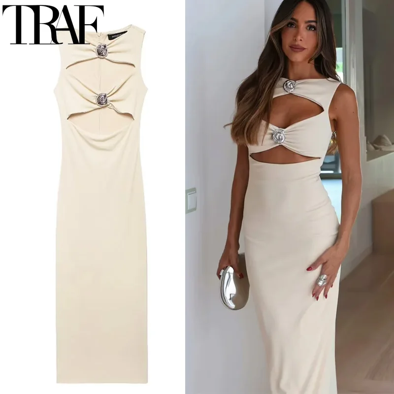 Traf 2024 aus geschnitten lange Kleider ärmellose figur betonte Midi-Kleid Frau plissiert sexy Party kleider für Frauen Urlaub Abendkleid