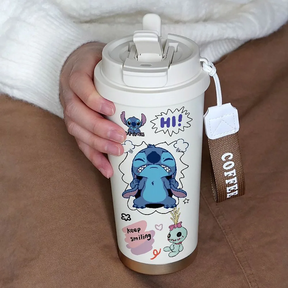 600ML Kawaii Stitch Anime Straw Cup 304 Stainless Cartoon Thermos Cup Portable Double Drinking Water Bottle Gifts For Boys Girls image 3
