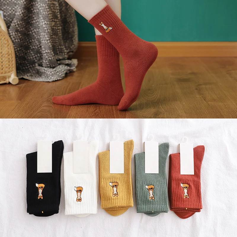 5Pairs Cute Embroidery Fox Cartoon Animal Socks Funny Pets Practicing Yoga Art Sokken New Women Socks Harajuku Streetwear Sock