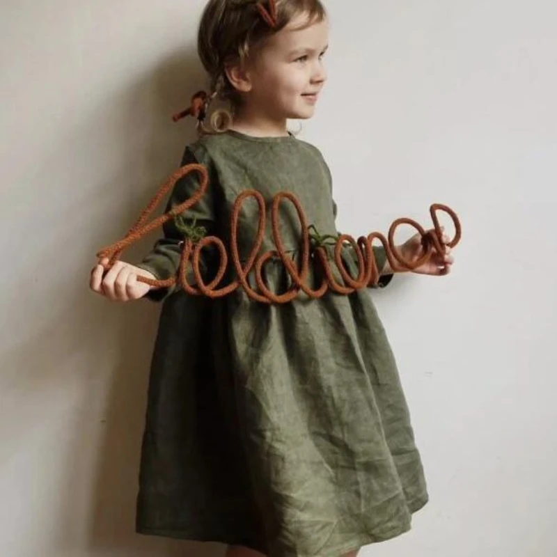 

2024 New Girls Spring Linen Dress Children A- Line Long Sleeve Dress Cotton Alothing Elegant