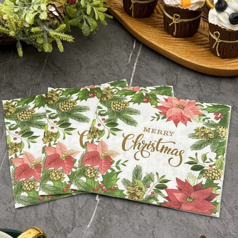 Christmas Decoration Colourful Tissue Paper Company Party Original Wood Pulp Flower Printed Napkin Square Facial Tissue Paper