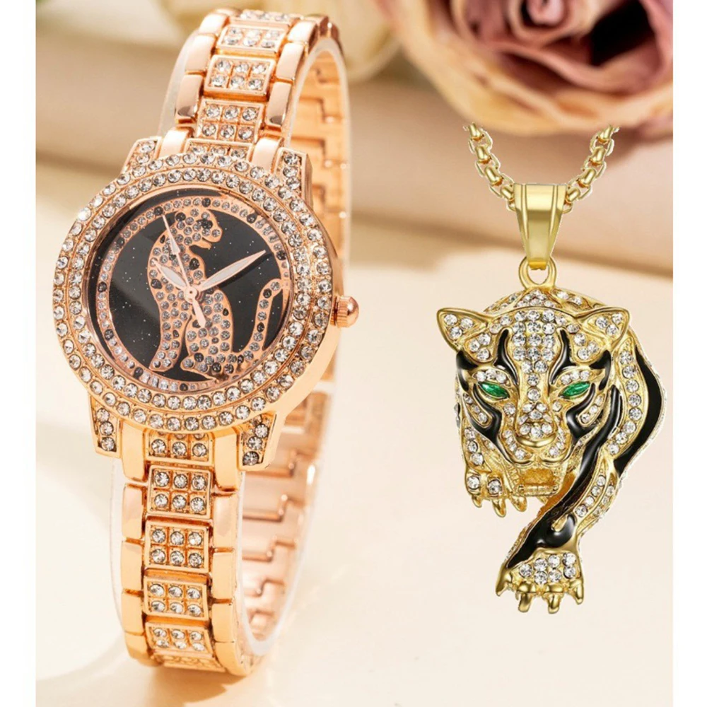 2Pcs Women Fashion Quartz Watch Luxury Rhinestone Wristwatches Dress Clock Hip Hop Fierce Inlaid Zircon Pendant Set Montre Femme