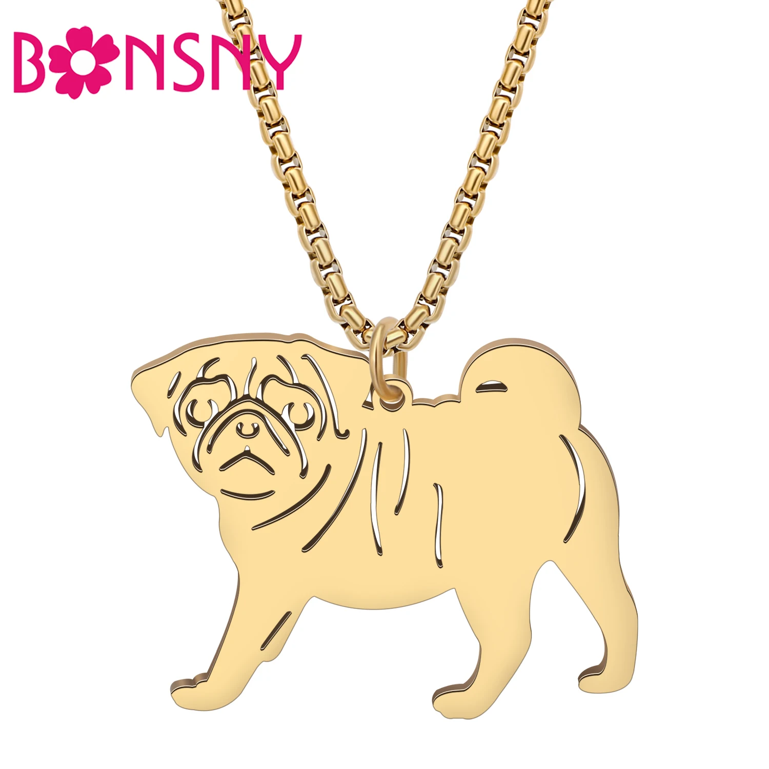 BONSNY Stainless Steel Gold Silver Plated Pug Dog Necklace Puppy Pets Pendant Jewelry for Women Girls Kids Charm Doggy Gifts