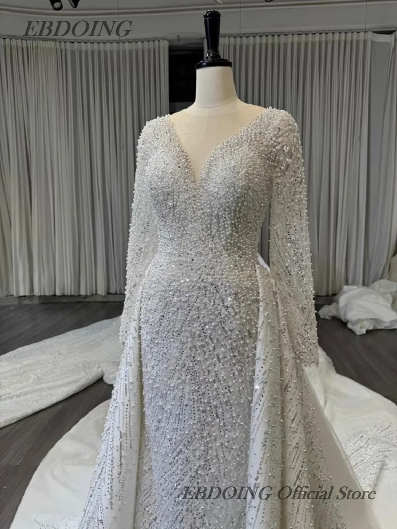 EBDOING Trouwjurk Zeemeermin 2-in-1 Doorzichtige Halslijn Volledige Mouwen Key-Hole Terug Met Kralen Aangepaste Bruidsjurken