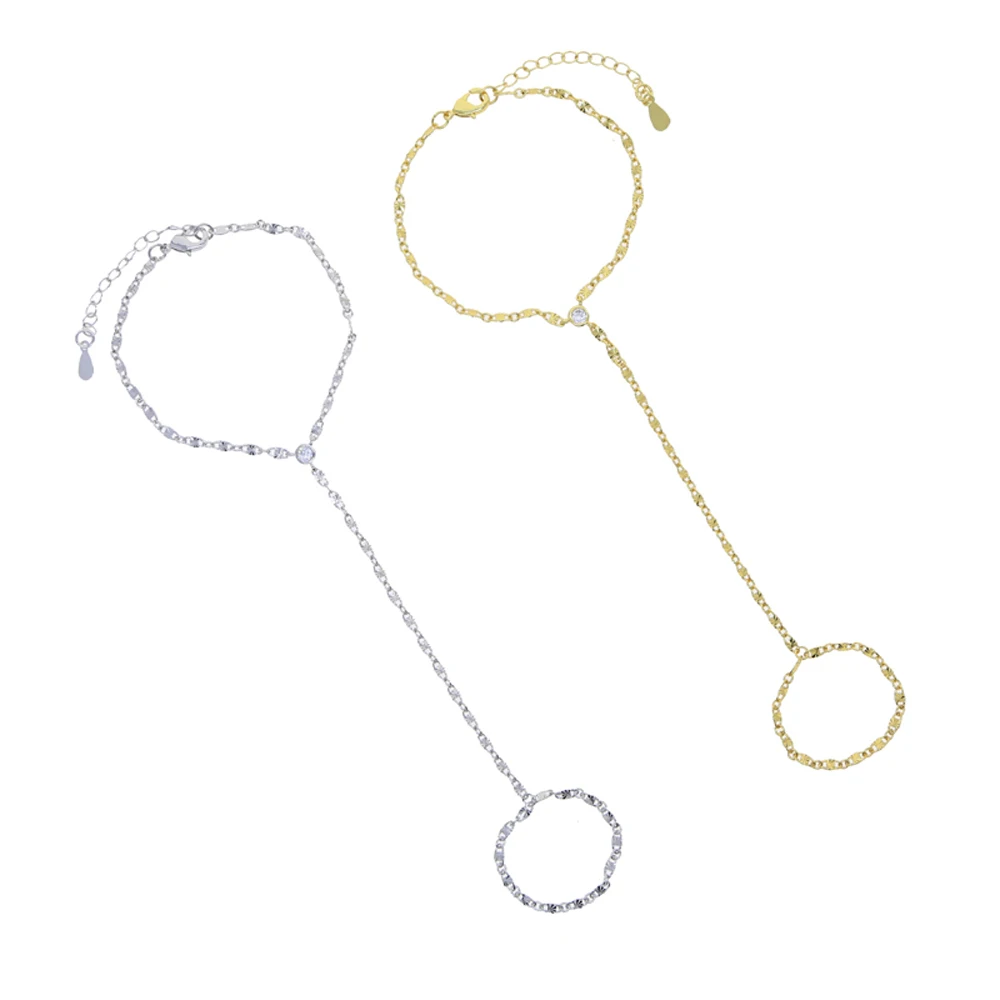 2025 New Fashion Bezel Bling AAA Zirconia Link Chain Hand Wristlet Jewelry For Women Delicate Round Cz Bracelet With Ring