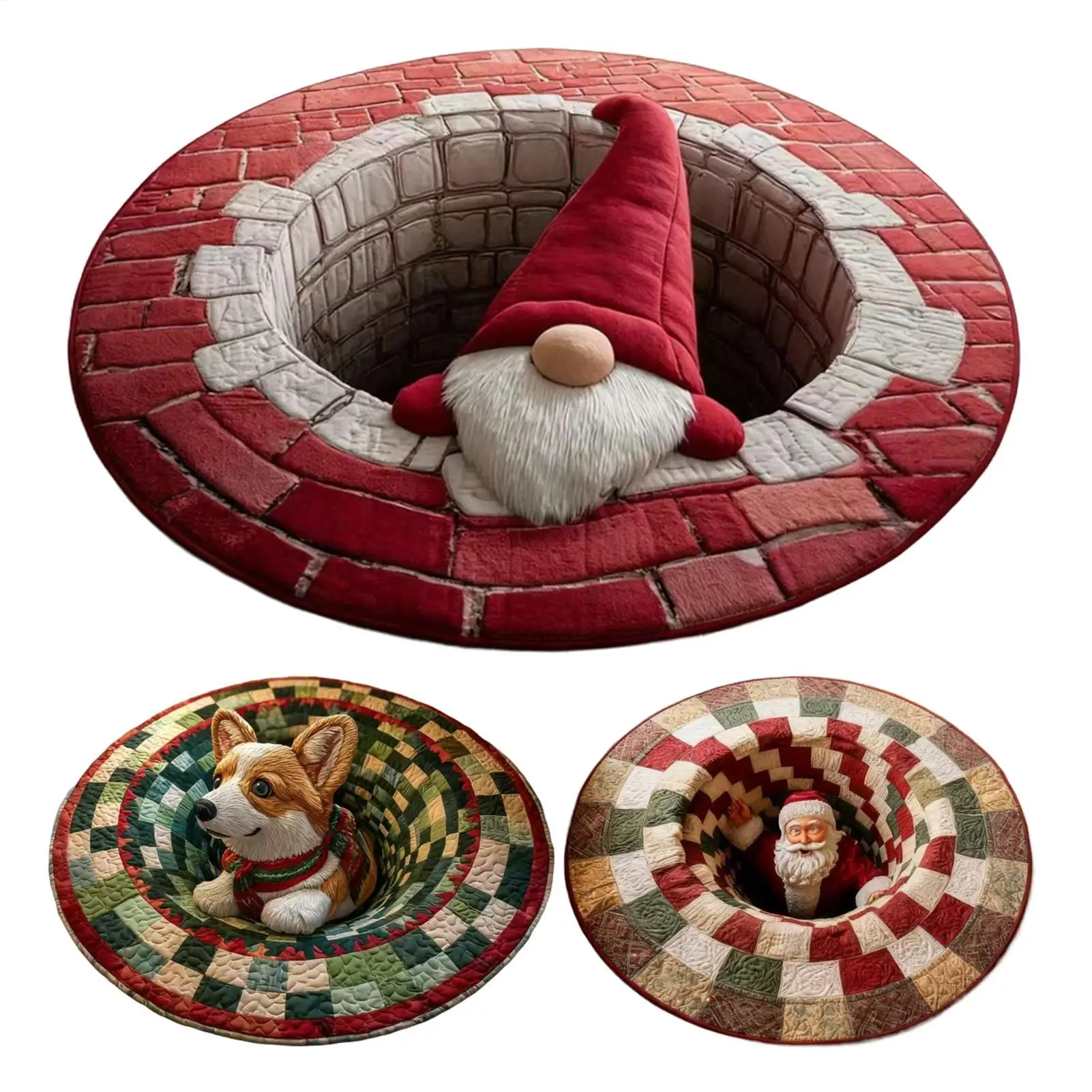 

3D optical illusion Christmas carpet Santa Claus Quilted and Dwarf Quilted Round Mat Christmas Kitchen Rugs 3D Illusion Doormat
