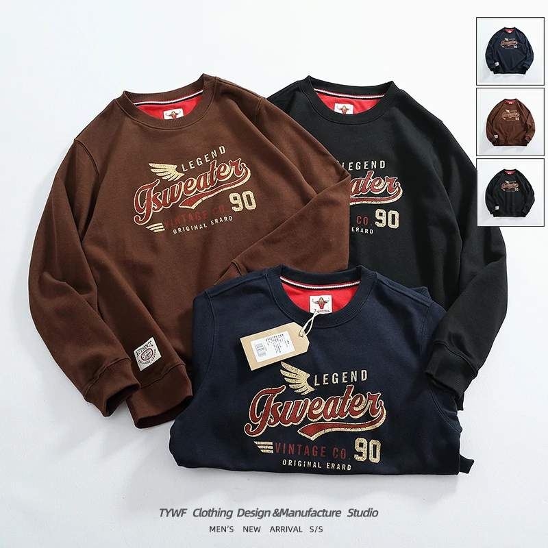 

Heavyweight American Retro Print Long Sleeve Crew Neck Sweatshirt Men's Casual Bottoming Shirt Fashionable Urban Style