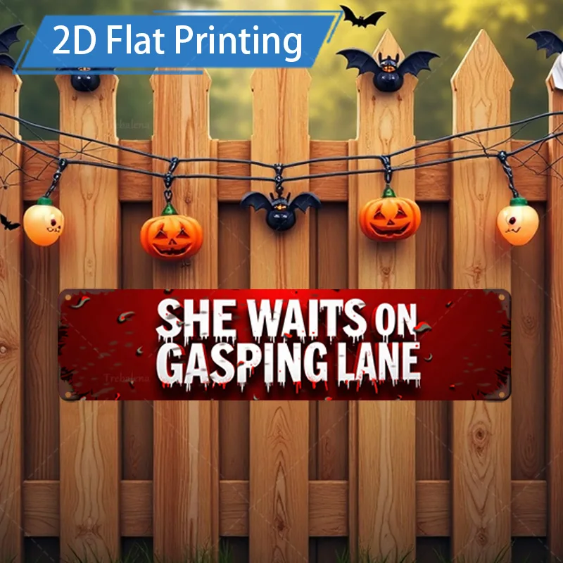 1 قطعة علامة معدنية ، 4x16 بوصة هالوين "إنها ينتظر على حارة الغاز" علامة ، مخيف اليقطين الخفافيش ديكور للسياج #1