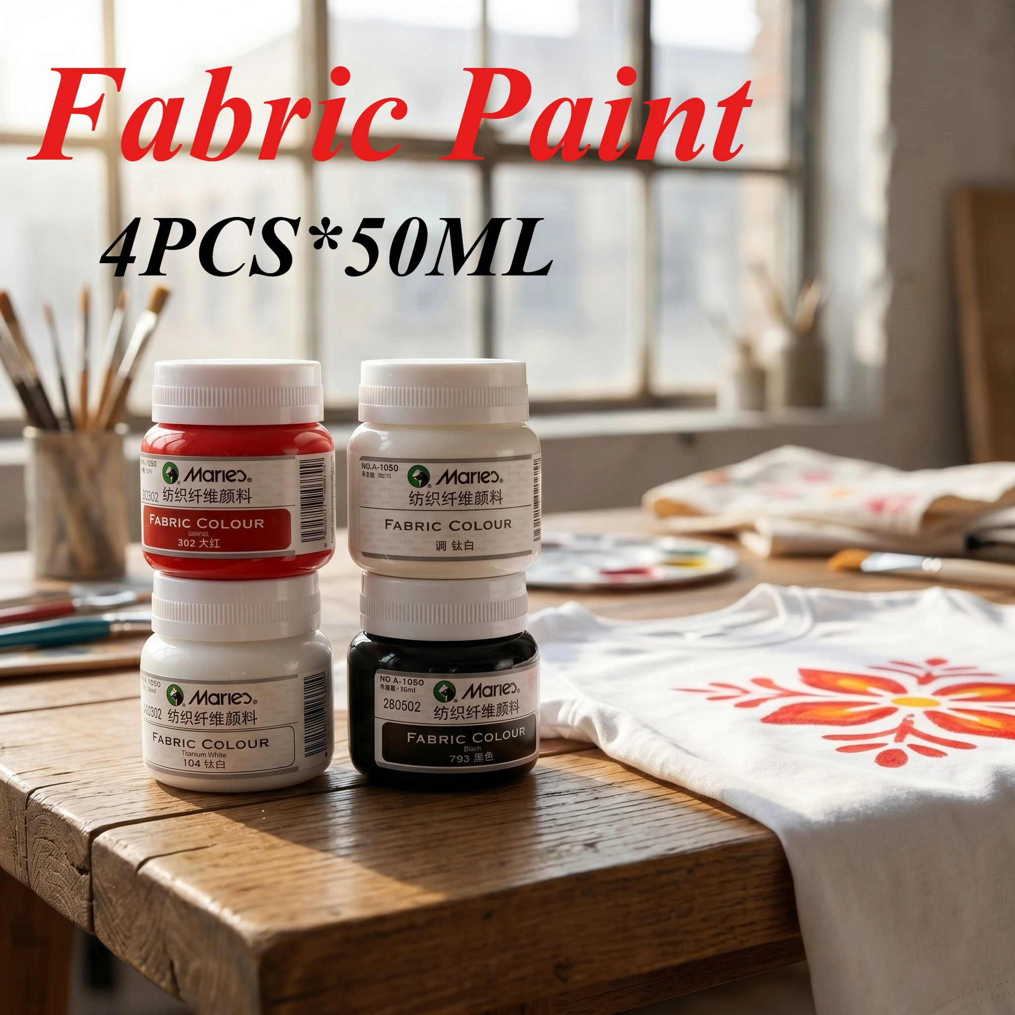 Marie's Fabric Paint 4 Pack, 50ml Each, Flexible After Drying, Wash-resistant, Perfect for Clothes DIY Textile Painting Creation