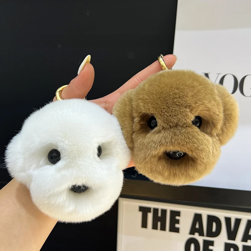 Plush Cute White Dog Head Real Rex Rabbit Fur Keychain Women HandBag Pendant Puppy Toy Car Key Trinkets Jewelry Metal Ring Gift