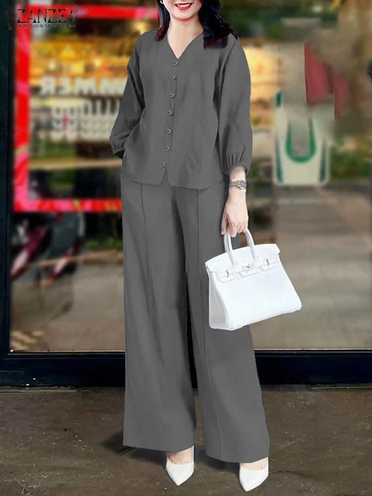 2024 ZANZEA 2pcs Women Autumn Elegant OL Work Trousers Suits Fashion Solid Tracksuit Casual Outfits 3/4 Sleeve Blouse Pants Sets