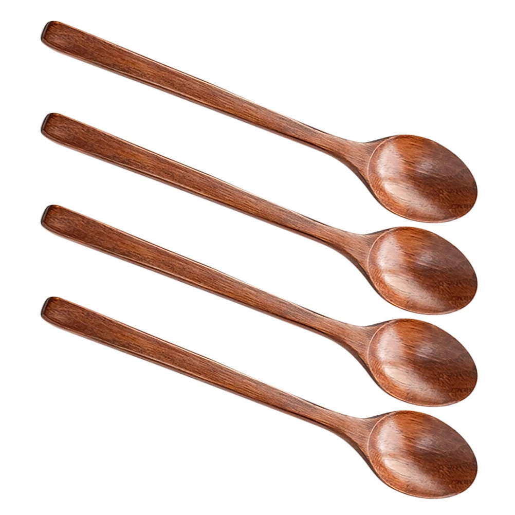 

4pcs Wooden Long Handle Spoon 23.5x4cm Polished Textured Multipurpose Kitchen Cooking Spoon Soup Mixing Serving