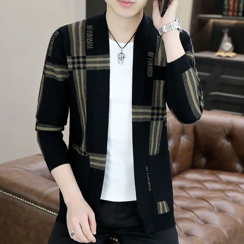 2023 Autumn and Winter Men's Fashion Contrast Color Cardigan Knitted Loose Pocket Plaid Solid Thick Sweater Youth Versatile Top