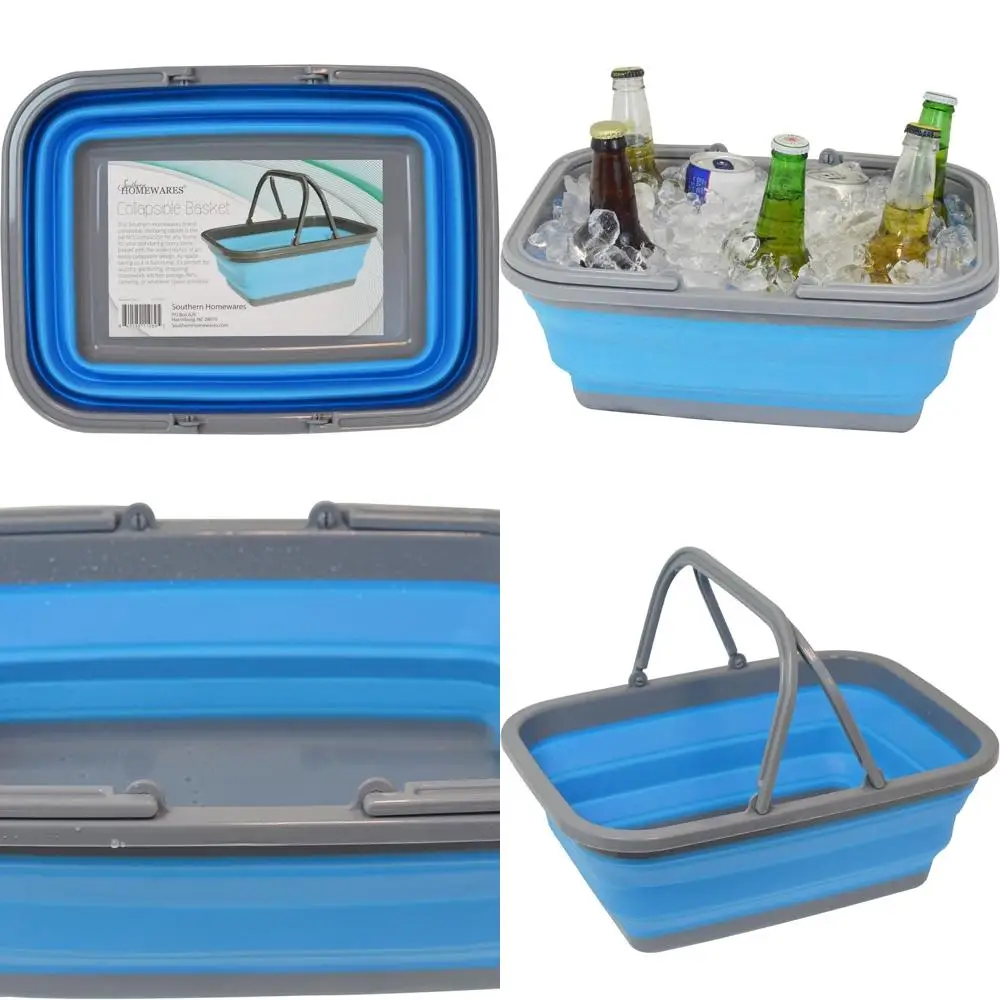 

Foldable Silicone Shopping Basket with Handles, Portable, Blue
