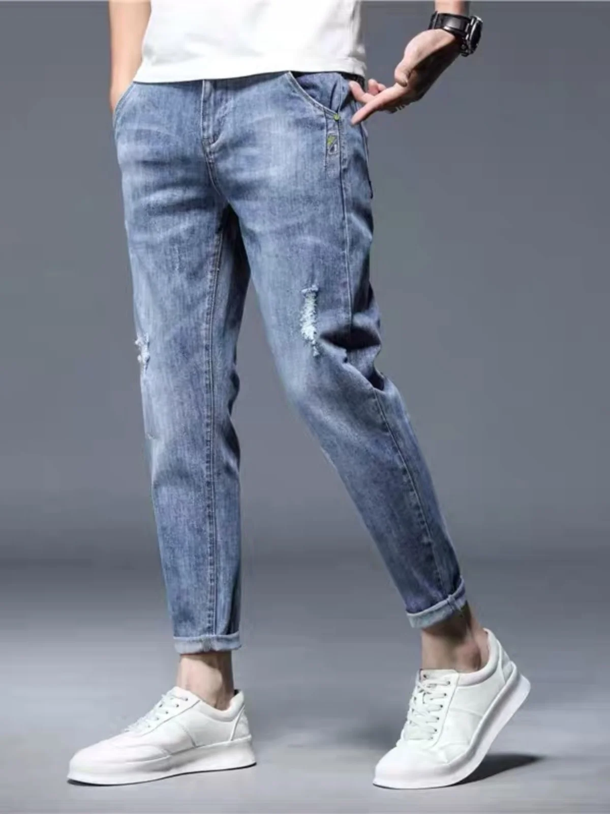 

Летние мужские модные джинсы, эластичные облегающие джинсы с девятью точками, тонкая версия, корейские повседневные джинсы для отдыха, модные джинсы