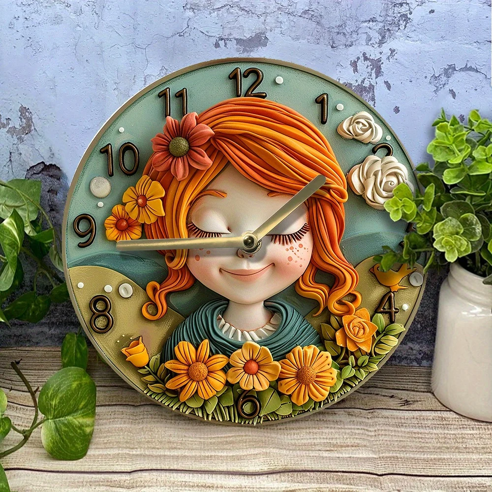 Hippie Girl Themed DIY Wall Clock Kit,Clock with High-Definition 2D Floral Print,Ideal for Spring Dorm Décor and Christmas Gifts