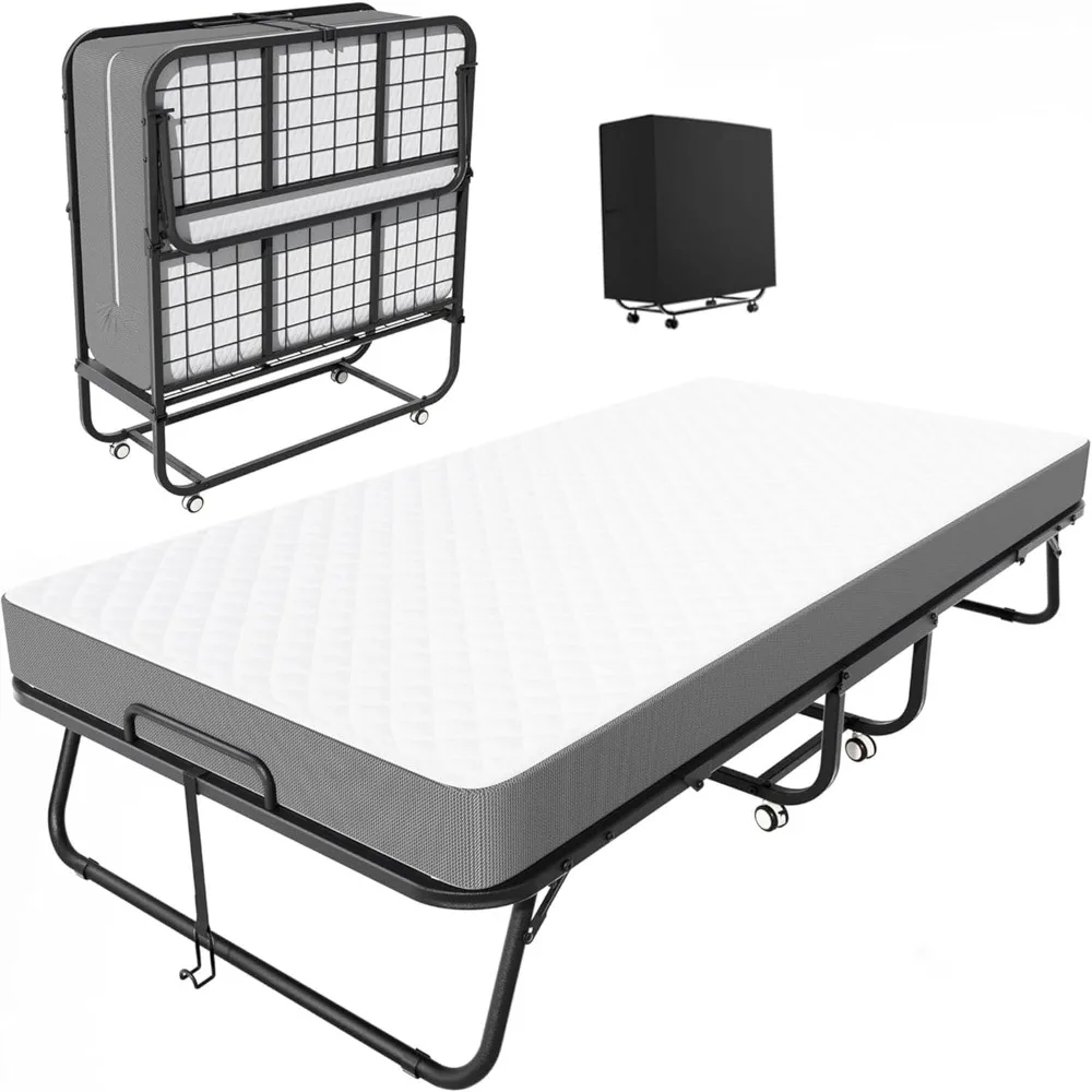 Folding Bed with Mattress, Foldable Twin Bed, Roll Away Bed for Adults, 75