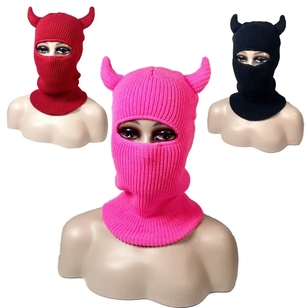 

Pullover Hat Horns Balaclava Knitted Caps Ox Horn Single Hole Full Face Ski Mask Sun Protection Breathable Halloween Cotton Hat