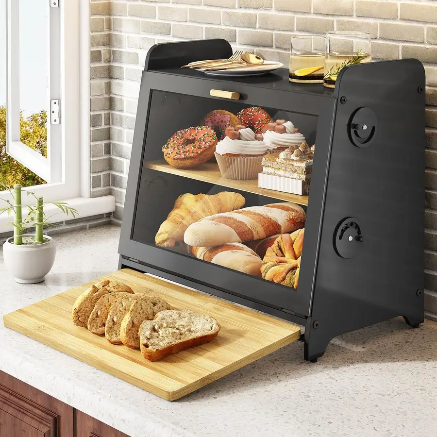 

Bread Box, Wooden Bread Storage Container for Kitchen Countertop with Bamboo Cutting Board Black, L