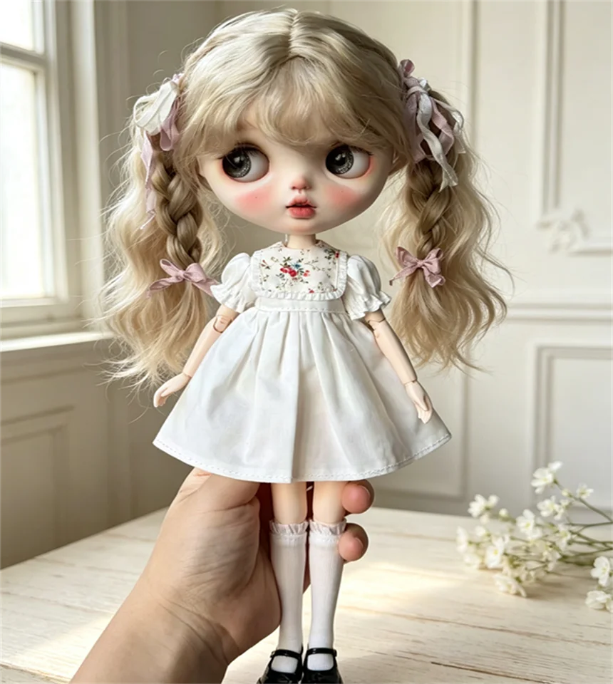 Blythe Baby Dress New Summer White Dress Ob24 Short Sleeve 19 Joint 6-point Baby Dress Orange Red Flower Dress