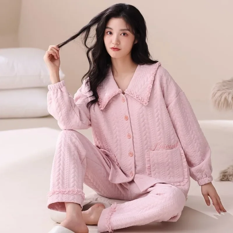 2024 Autumn Winter New Sleepwear Women's Thickened Loungewear  Air Cotton Interlayer Long Sleeve Pants Sweet Style Homewear