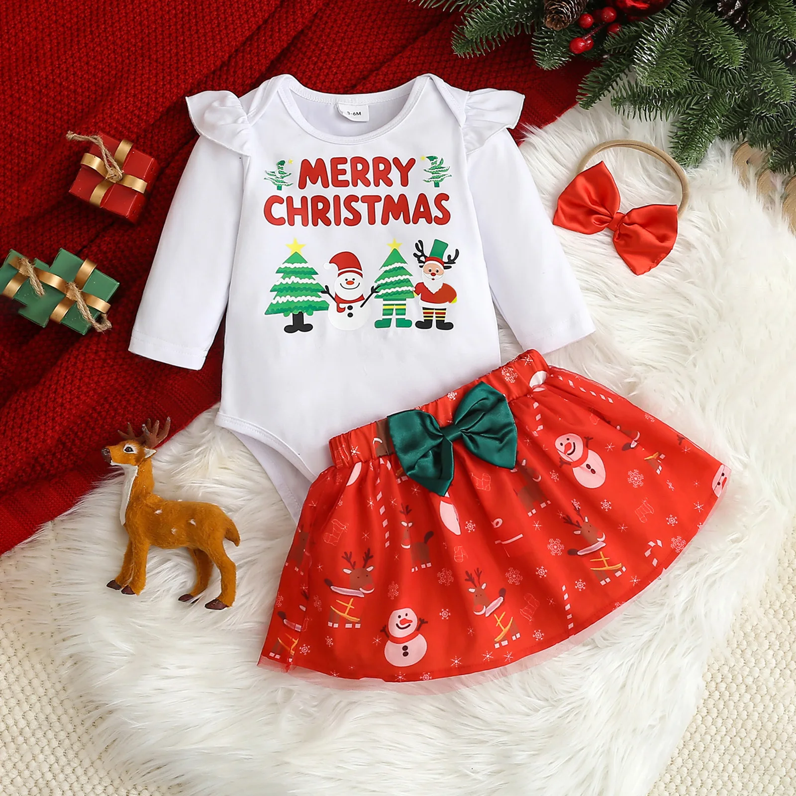 طفلة عيد الميلاد الزي طويلة الأكمام رومبير القوس الجبهة تنورة عقال مجموعة ملابس الوليد