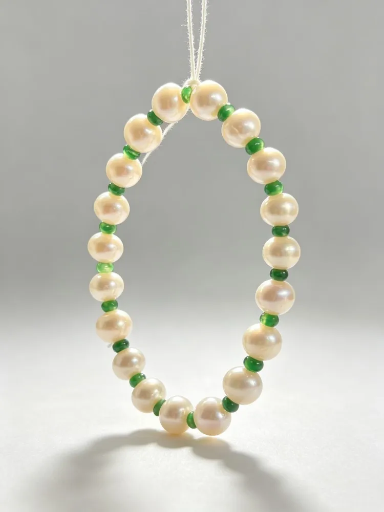 Natural Freshwater Pearl Bracelet with Green Jadeite Spacer Bead Handmade Elastic Bead Bracelet Elegant Jewelry Gift for Women