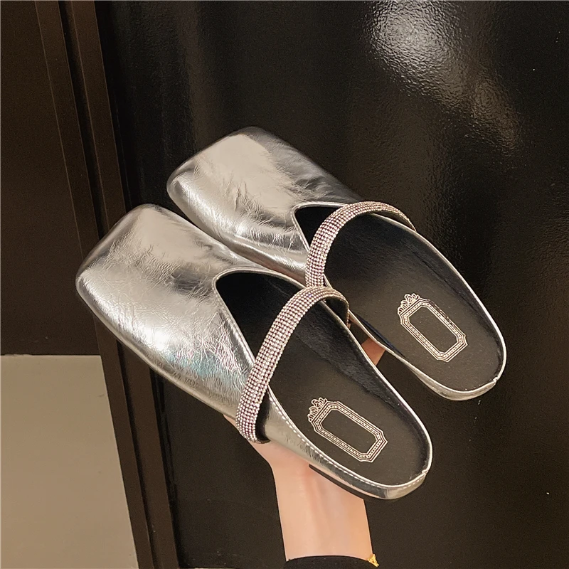

Women's Slippers and Ladies Sandals Square Toe Slides Rhinestone Small Size Shoes Comfortable Waterproof New Style Fashion Shoes