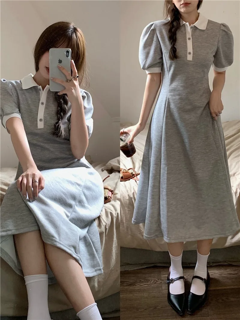 Plus Size Polo Collar Short Sleeve Slimming Waist Midi Dress Bubble Sleeve Casual Style Polyester Fabric Straight Cut A-Line ...