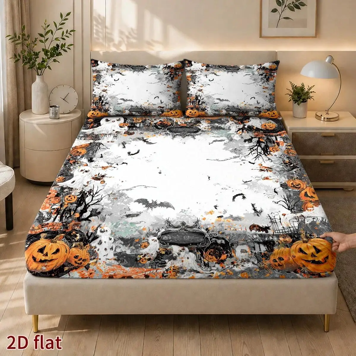 2D Print 3Pcs Hand-Painted Mattress Protector, Mattress Cover, Elastic Fitted Sheet Cover King/Twin Halloween Bed Skim Cover Vintage Design Duvet Cover for Home Decor