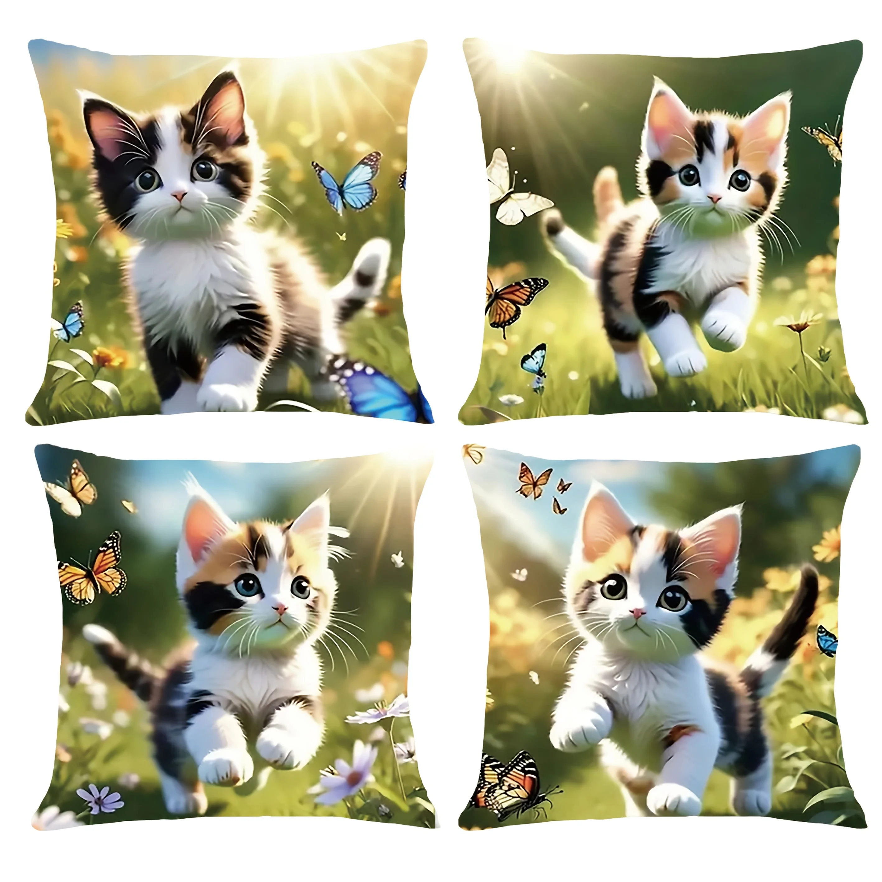 1PC Cartoon Style Sunny Cat Pattern Pillow Case  Decorative Pillow Covers Square Pillow Covers for Bedroom Living Room Sofa