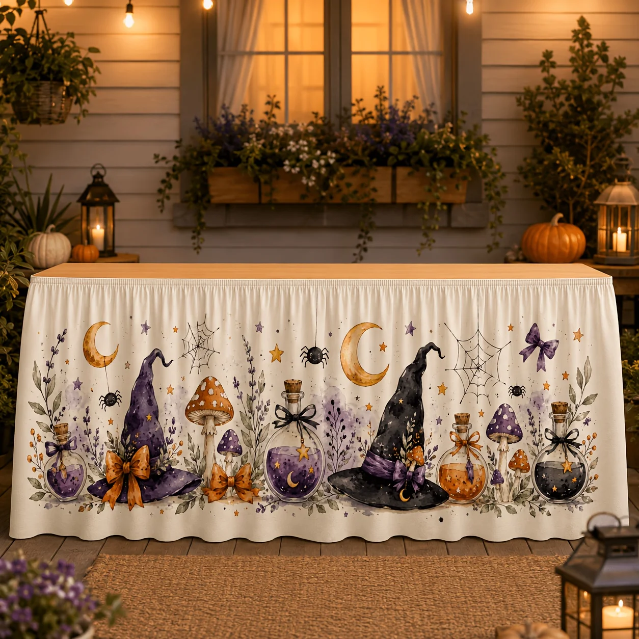 One tablecloth, table skirt, watercolor witch hat, medicine bottle, mushroom, spider table cover.zyc