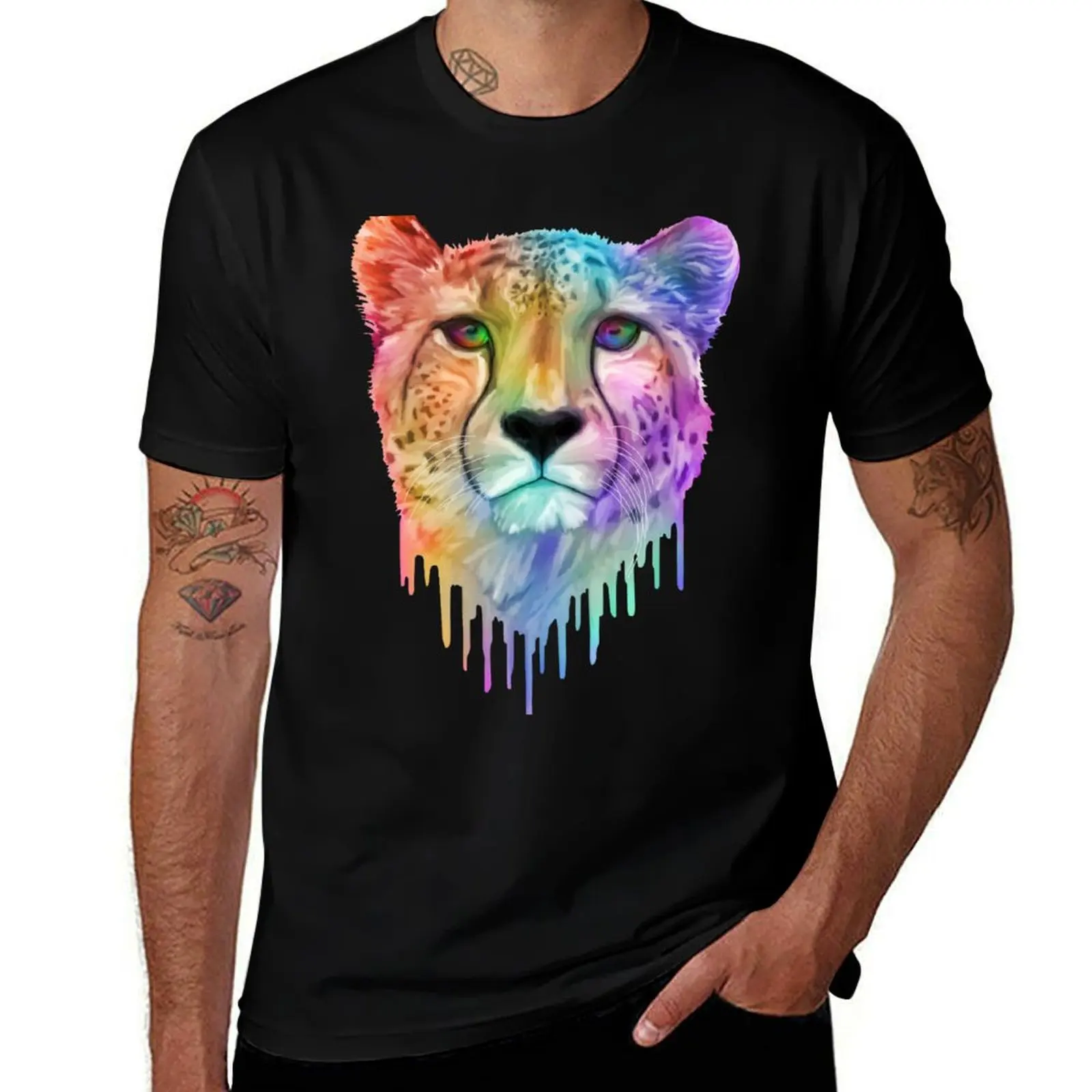 

Rainbow Drip Cheetah Portrait T-Shirt cotton t shirt man t shirts for man pack white cotton t shirt pack T-Shirt