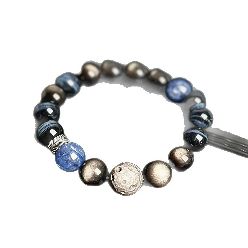 Natural Blue Tiger's Eye Meteorite Silver Sheen Obsidian Beaded Bracelet, Couple Fashion Jewelry Wholesale Gift