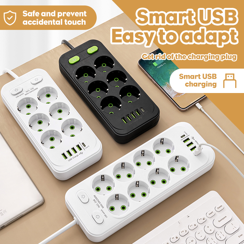  EU Plug AC Outlets Multitap Socket 2M Extension Cord Electrical Power Strip USB Type C Fast Charging Network Filter Adapter 1pc 