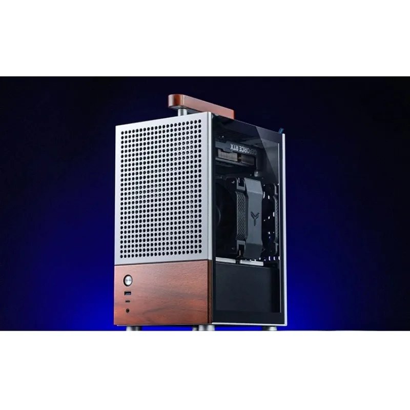 Mini ITX Computer Case, T6 Aluminum & Steel Build with Glass Side Panel, Air-Cooled Walnut Handle Decor Chassis