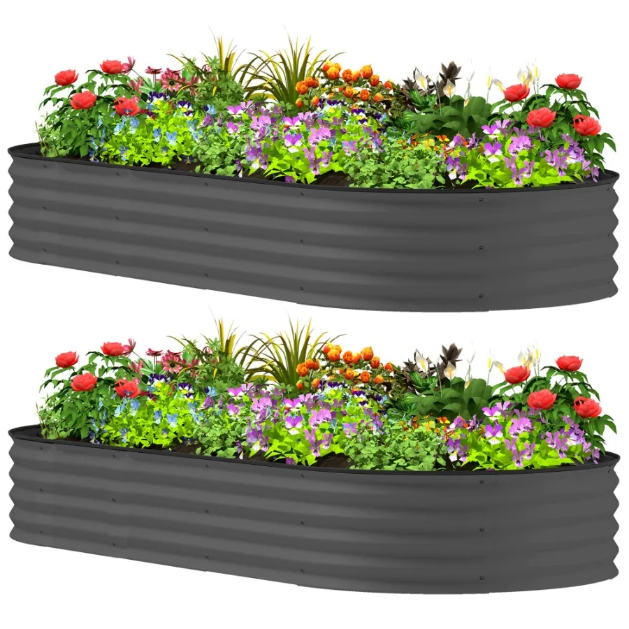 

7' x 3' x 1' Raised Garden Bed Set 2PCS Raised Beds for Gardening with Metal Plant Stakes Dark Gray