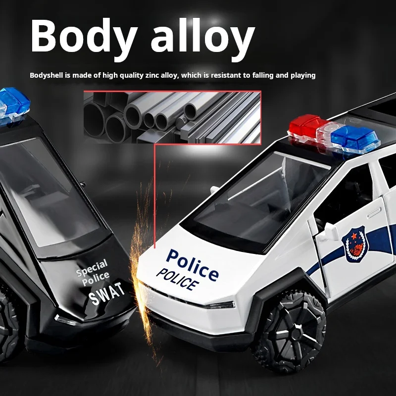 1:32 Pickup Police Car High Simulation Diecast Metal Alloy Model Car Sound Light Pull Back Collection Kids Toy Gifts for Tesla 