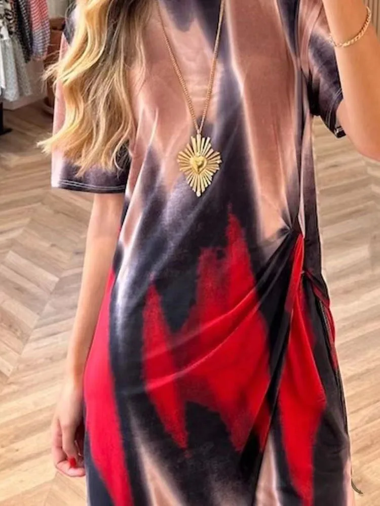 

Elegant Print Draped Long Pant Suits Fashion Round Neck Pullover Top & Pant Sets Women Casual Short Sleeve Slim 2 Piece Outfits