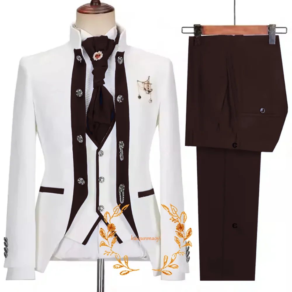 Elegant 3-piece Men\'s Suit White Jacquard Jacket Trousers and Vest Three-piece Set Formal Wedding Groom\'s Tuxedo