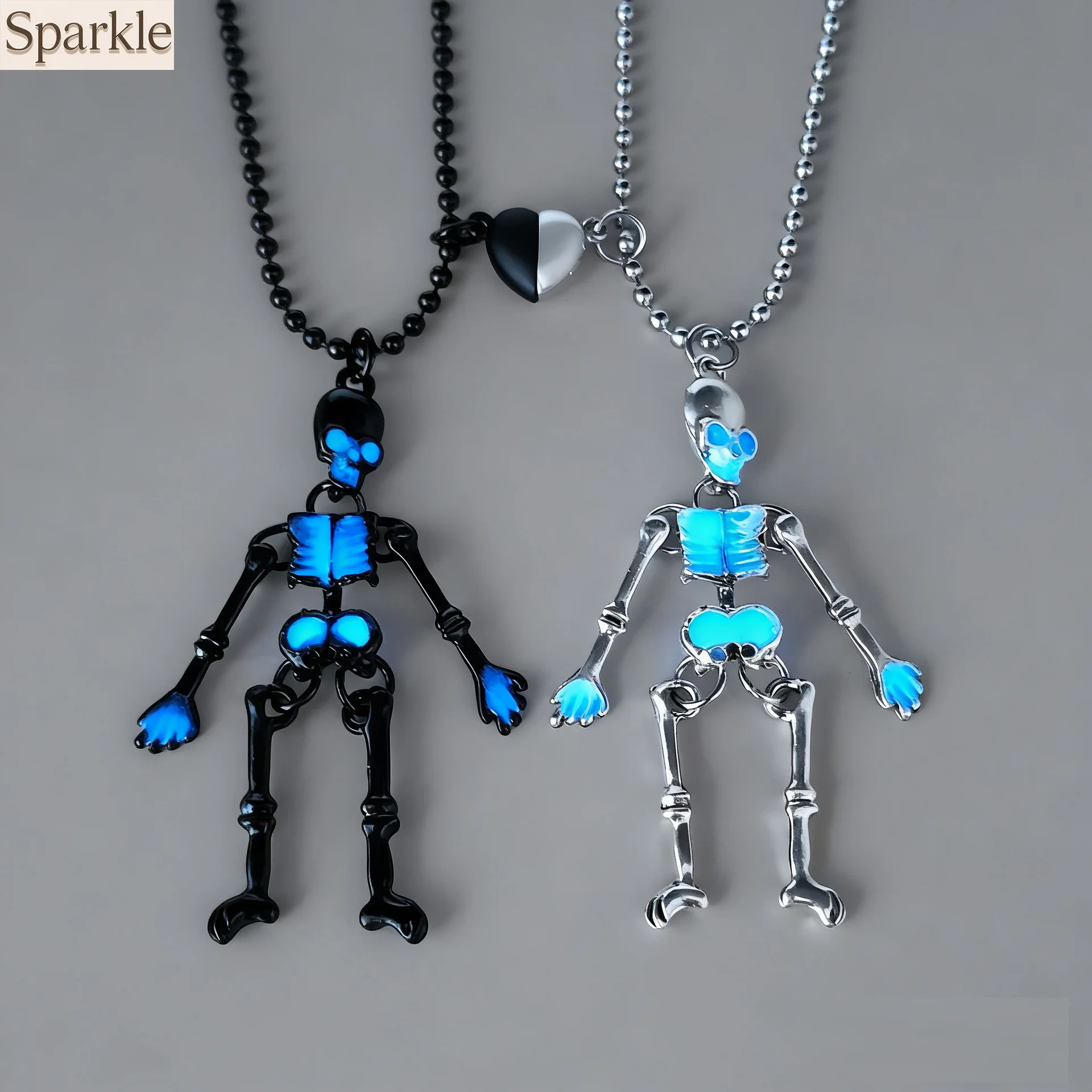 

Long Distance Lovers Glow-in-the-Dark Heart Magnetic Skeleton Necklaces Stainless Steel Halloween Hollow Bone Couple Pendant