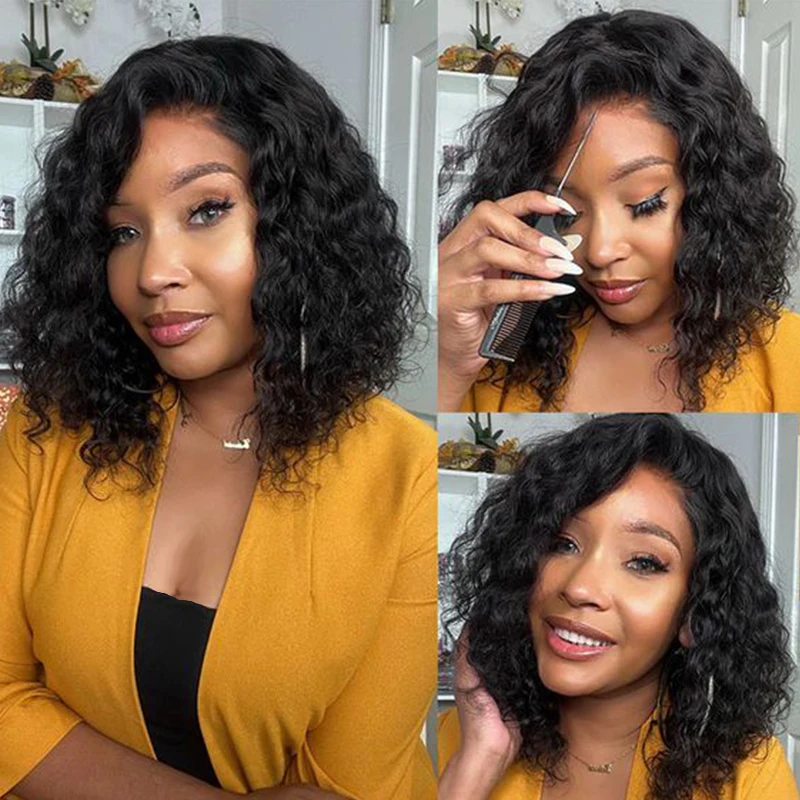 6×4 Glueless 100% Human Wigs Deep Wave Ready To Wear Short Bob Transparent Lace Frontal Wear And Go Wig Deep Curly For Woman