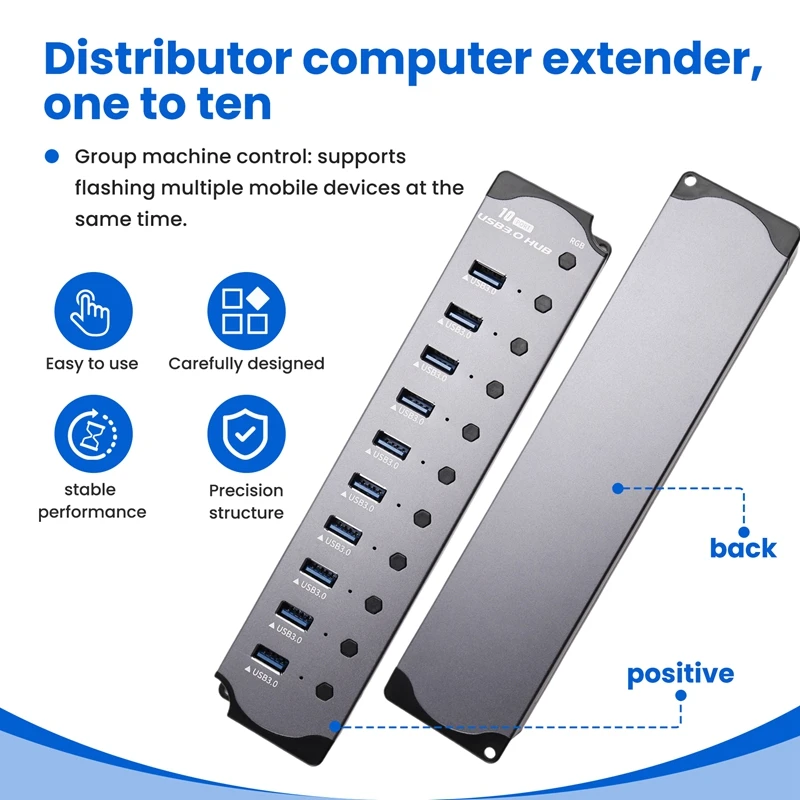 10 in 1 Powered USB HUB 10 Ports USB Adapter USB Splitter USB 3.0 Interface Individual Switch RGB E-Marker Heat Design